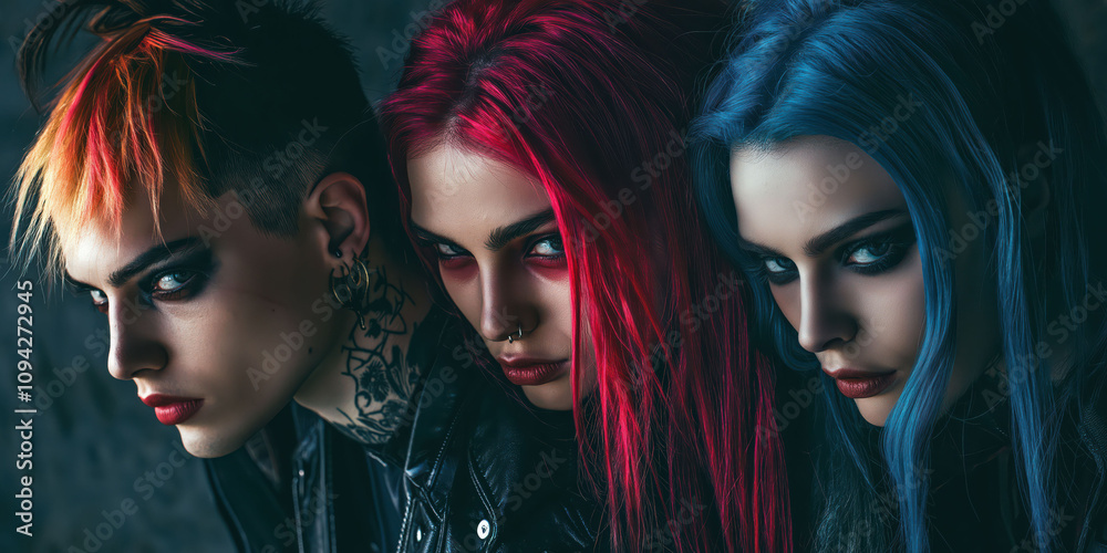 Naklejka premium Trio of alternative fashion models with vibrant hair colors and intense makeup