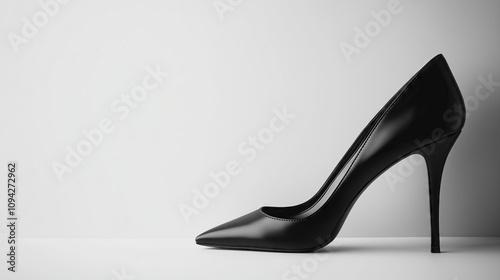 Elegant black leather high heels on a grey background showcasing classic pointed toe stiletto design for fashion