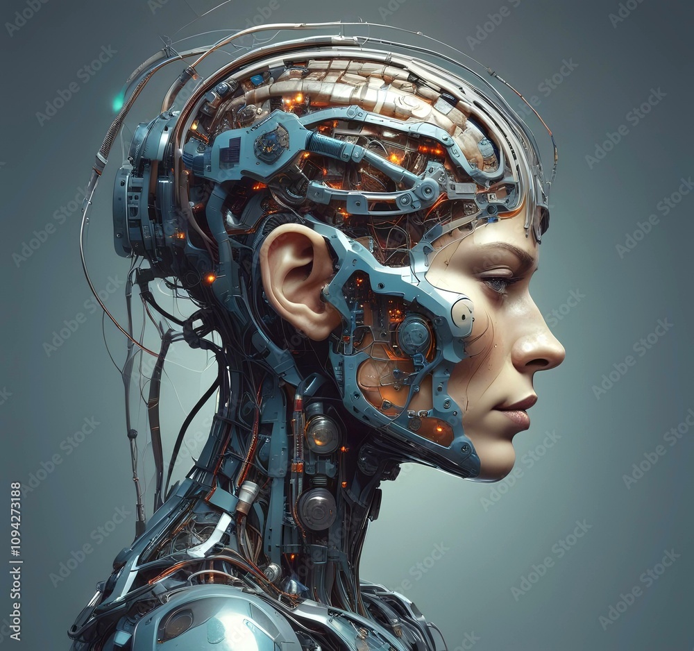 Technology illustration of cyborg with brain connections. Technology illustration of cyborg with brain connections.