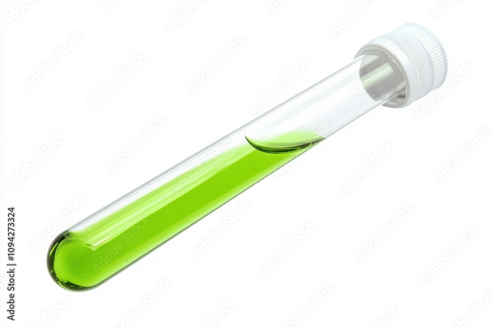 Test tube with green liquid. Ideal for science, medicine, or chemistry concepts; shows research, experiment, or analysis. Test tube with green liquid. Ideal for science, medicine, or chemistry concepts; shows research, experiment, or analysis.