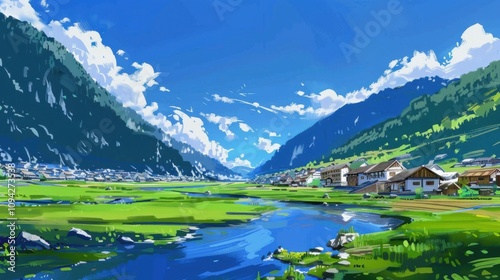 Cartoon Idyll: A Visual Symphony of Blue Skies, Green Fields, and White Houses Amidst Mountains and Rivers