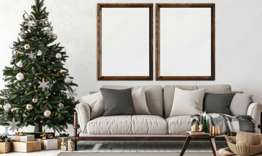 A cozy living room features a beautifully decorated Christmas tree alongside a soft couch. Two empty picture frames await creative holiday memories, perfect for New Year's cheer A cozy living room features a beautifully decorated Christmas tree alongside a soft couch. Two empty picture frames await creative holiday memories, perfect for New Year's cheer