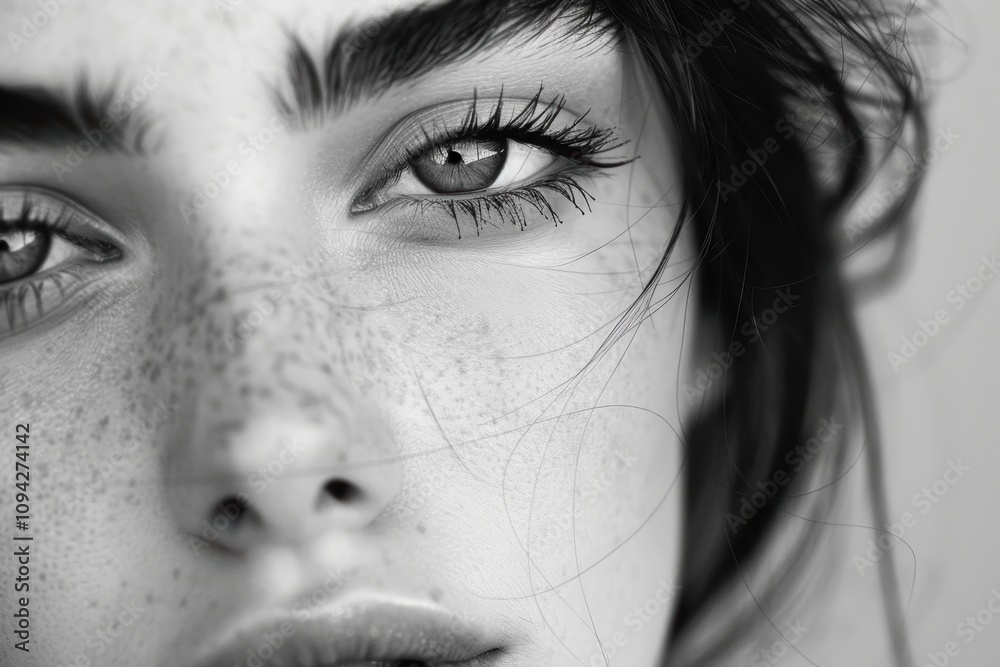 Obraz premium A serene portrait of a woman showcasing natural beauty, glowing skin, and a healthy lifestyle.