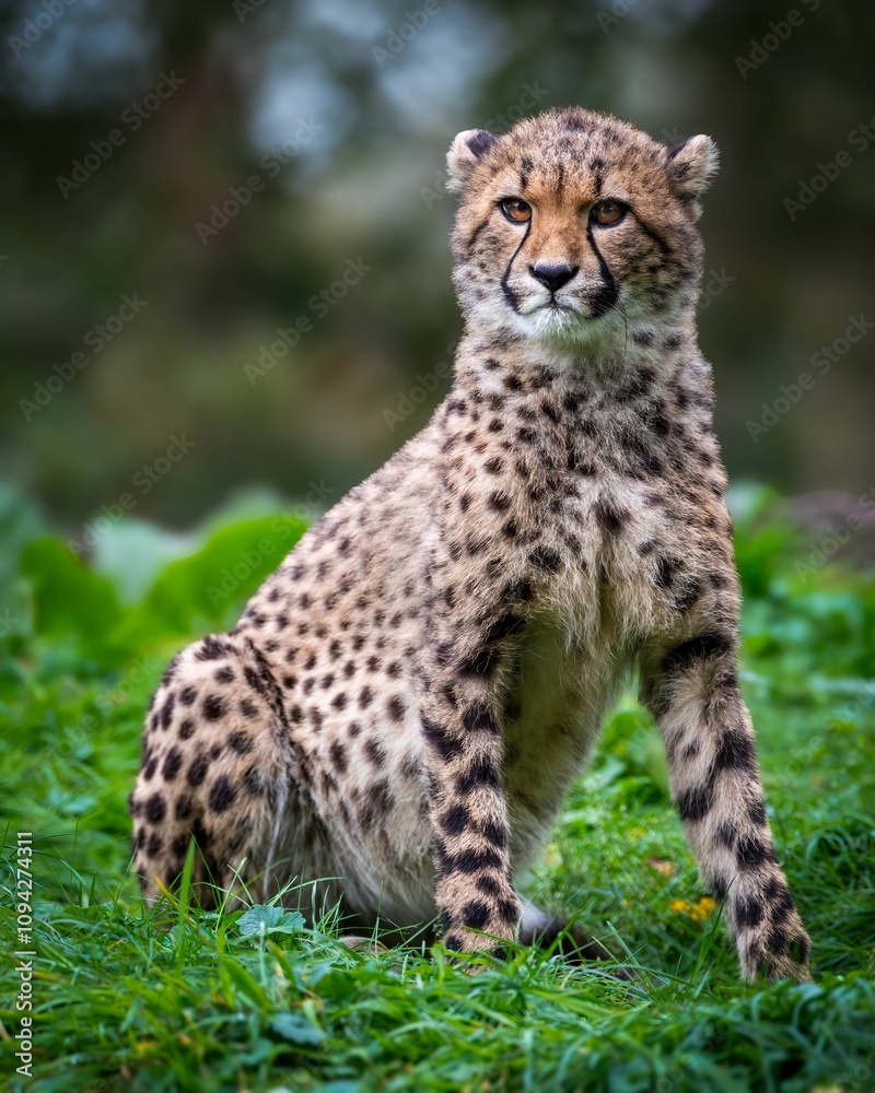 Close-up of a young cheetah lying in the grass with a blurred green background. Close-up of a young cheetah lying in the grass with a blurred green background.