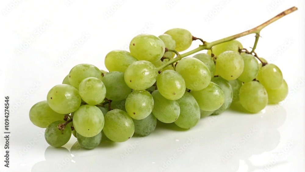 Fresh bunch of green grapes on a white background with subtle shadows and highlights, grapes, fruit Fresh bunch of green grapes on a white background with subtle shadows and highlights, grapes, fruit
