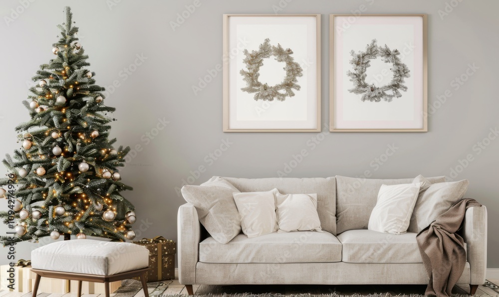 A cozy living room designed for New Year celebrations featuring a beautifully decorated Christmas tree and a set of watercolor picture frames above a stylish sofa A cozy living room designed for New Year celebrations featuring a beautifully decorated Christmas tree and a set of watercolor picture frames above a stylish sofa