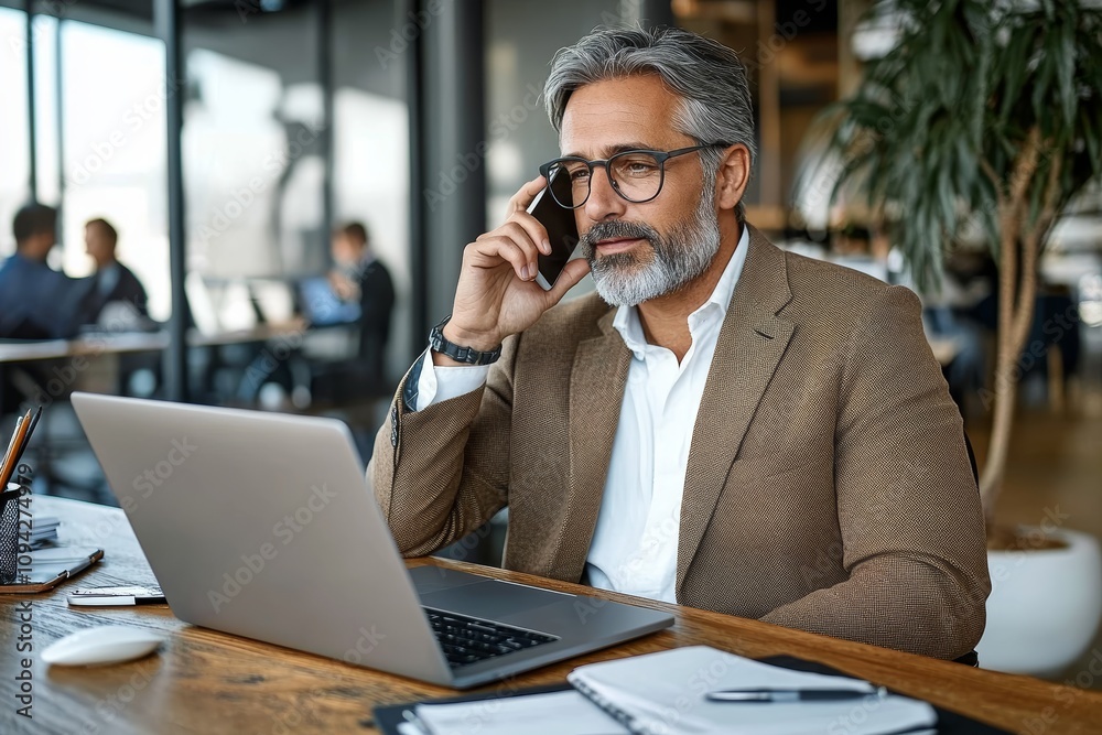 Middle aged businessman using smartphone in modern office desk working on laptop communicating with client Middle aged businessman using smartphone in modern office desk working on laptop communicating with client