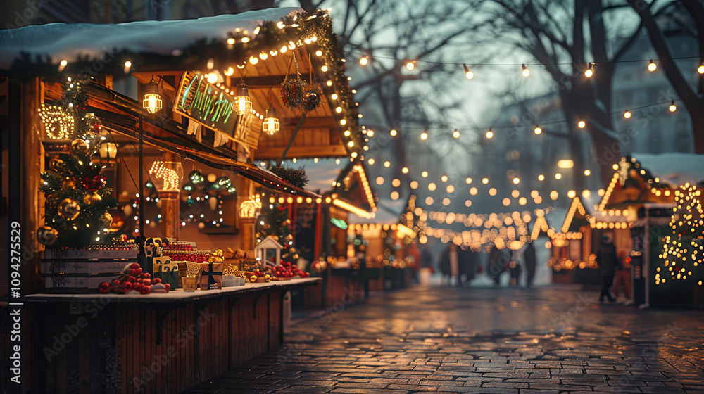 A serene minimalist Christmas market scene featuring cozy stalls illuminated by string lights, warm beverages, and handcrafted ornaments, set against a softly glowing wintry evening backdrop A serene minimalist Christmas market scene featuring cozy stalls illuminated by string lights, warm beverages, and handcrafted ornaments, set against a softly glowing wintry evening backdrop