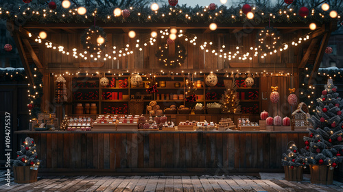 A serene minimalist Christmas market scene featuring cozy stalls illuminated by string lights, warm beverages, and handcrafted ornaments, set against a softly glowing wintry evening backdrop