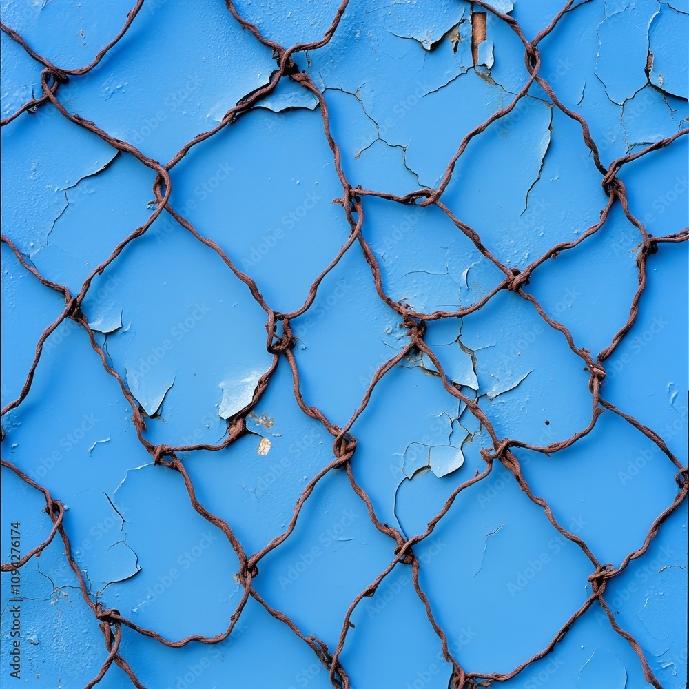 Rusted Wire Mesh on Cracked Blue Paint Grunge Texture Background Rusted Wire Mesh on Cracked Blue Paint Grunge Texture Background