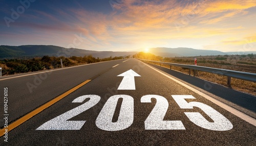 a highway road, with 2025 and arrow sign on the road. wallpaper template for motivational quotes new year.