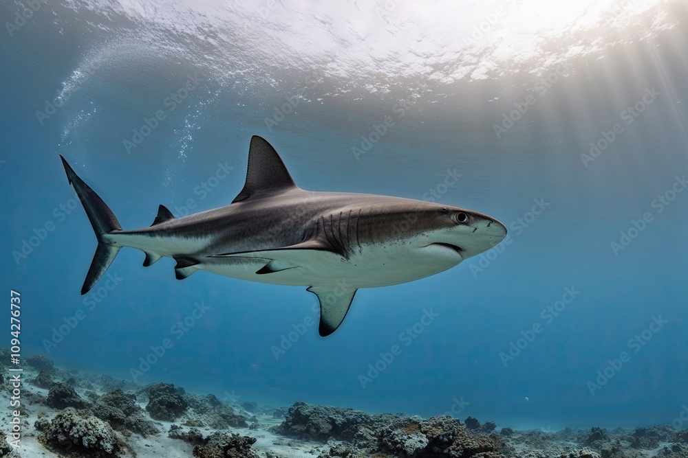 Obraz premium A Solitary Hammerhead Shark Swimming in White Space