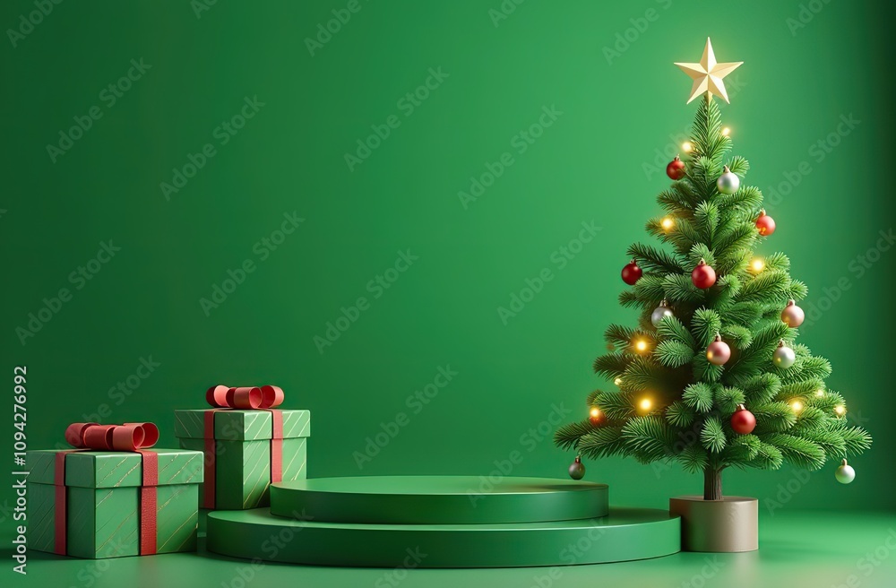 Abstract Christmas background with christmas tree and gift box green color ,podium design for showcase or product display , 3d rendering Abstract Christmas background with christmas tree and gift box green color ,podium design for showcase or product display , 3d rendering