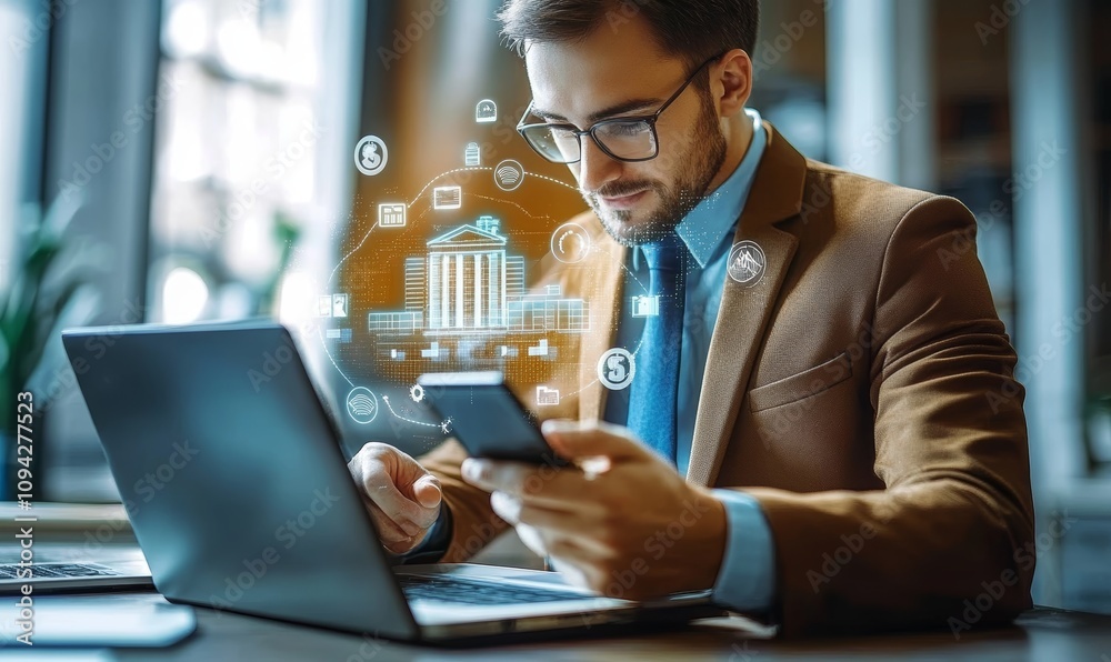 businessman in brown suit using smartphone and laptop for online banking digital payments and financial technology in modern office environment businessman in brown suit using smartphone and laptop for online banking digital payments and financial technology in modern office environment