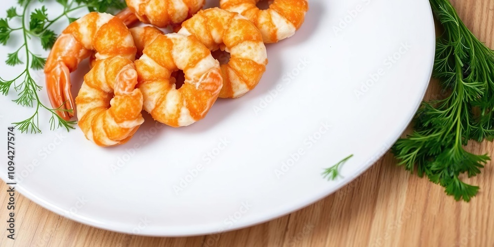 Crispy golden fried shrimp on a plate with fresh parsley and dill, crunchy texture, restaurant quality Crispy golden fried shrimp on a plate with fresh parsley and dill, crunchy texture, restaurant quality