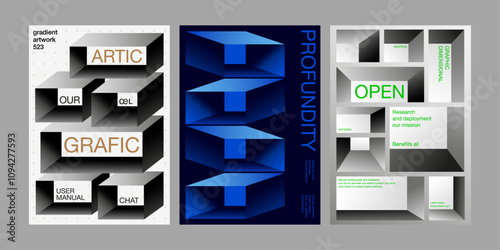 Three dimensional structure poster graphic design collection square shape deep space pattern blue black monochrome gradient modern minimal simple layout with typo 3D repeat bold background frame block