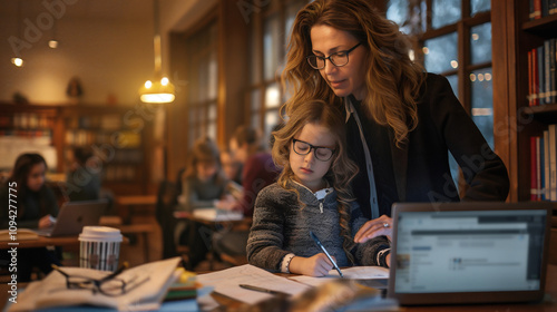 Mother in work attire assists her child with a research project at the library. Books and materials are spread out, creating a focused atmosphere. Coffee and laptop present