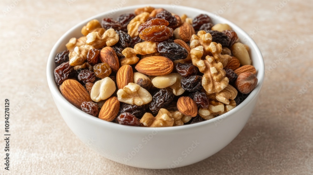 A white bowl filled with a mix of raisins, almonds, walnuts, and macadamia nuts. A white bowl filled with a mix of raisins, almonds, walnuts, and macadamia nuts.