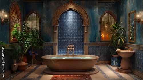 Luxurious blue bathroom with plants.