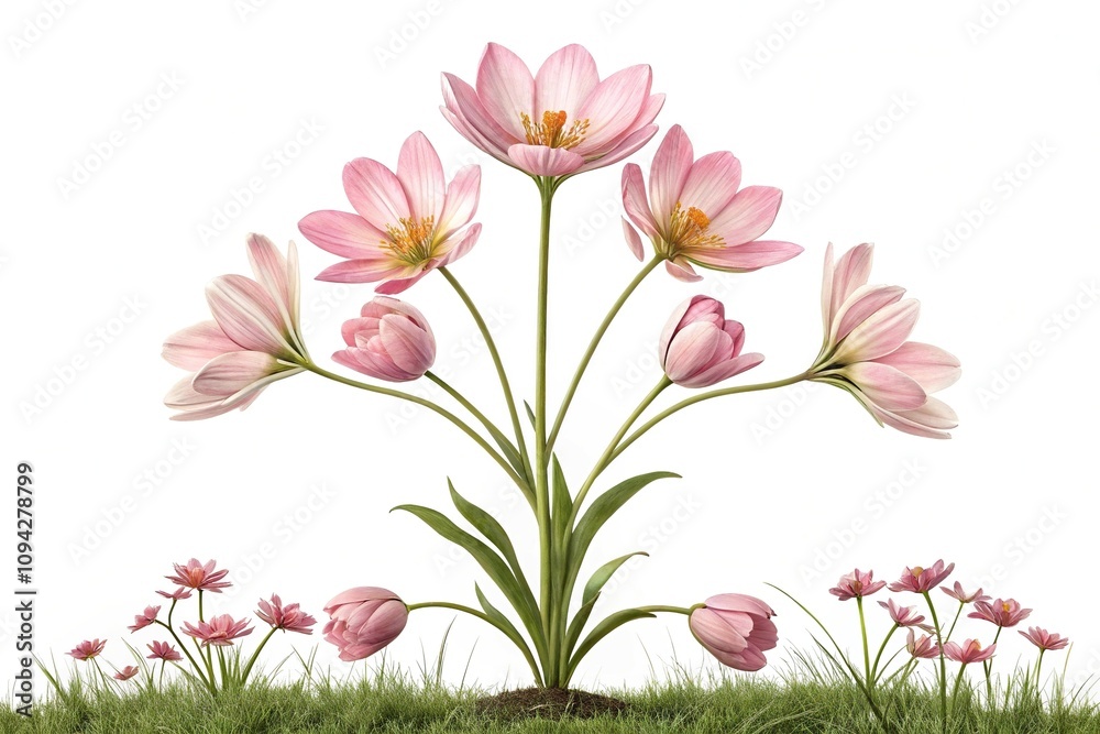Fototapeta premium A group of flowers arranged in an equal number on either side of a central stem symbolizing symmetry and growth, parity balance growth, symmetry, flowers, arrangement