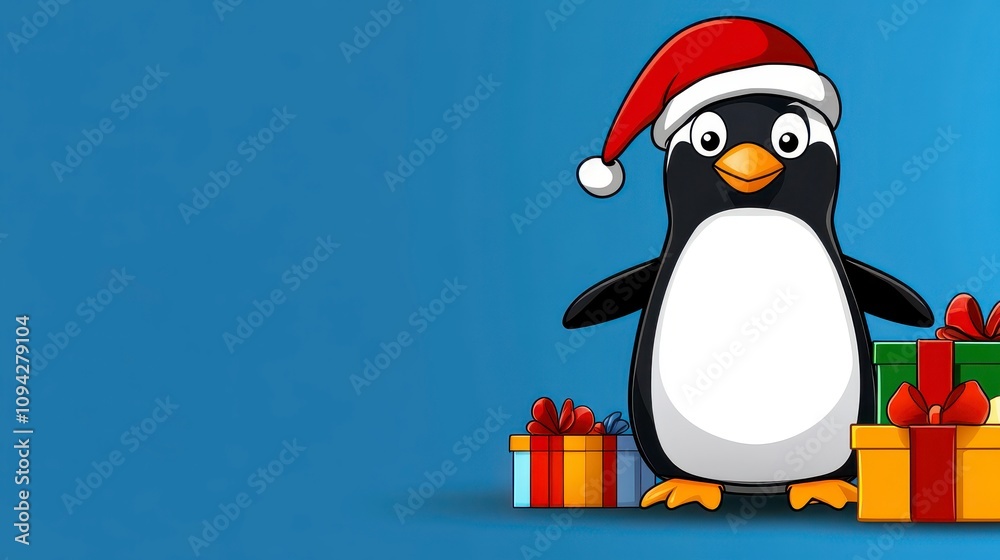 Fototapeta premium A cheerful cartoon penguin wearing a Santa hat stands amongst presents.