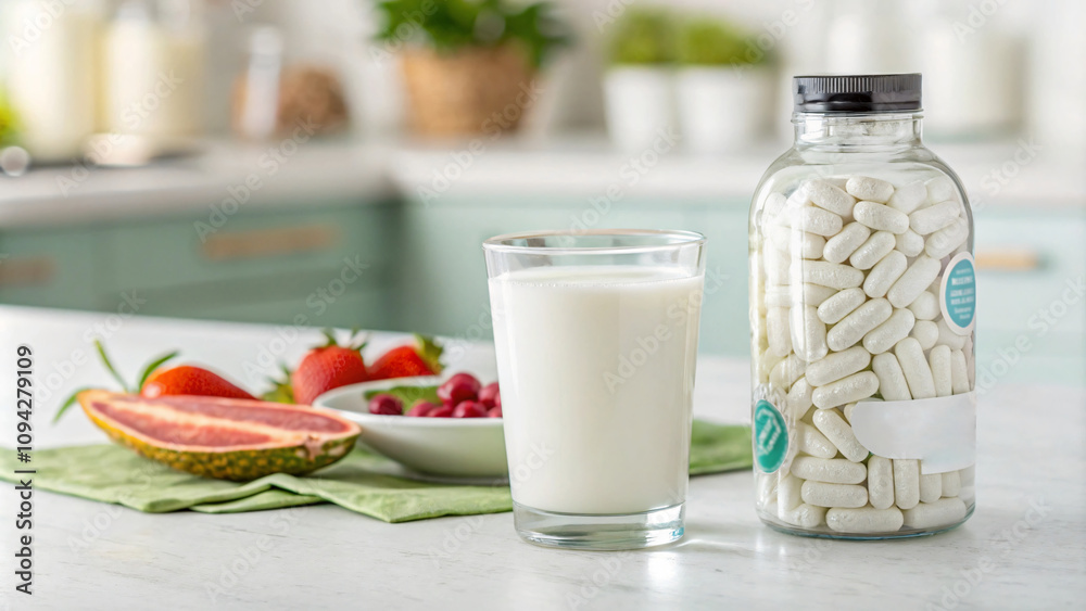 Fresh milk in glass beside bottle of supplements, fruits, and green cloth, creating healthy lifestyle scene Fresh milk in glass beside bottle of supplements, fruits, and green cloth, creating healthy lifestyle scene