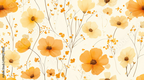 Golden floral seamless pattern with delicate blooms
