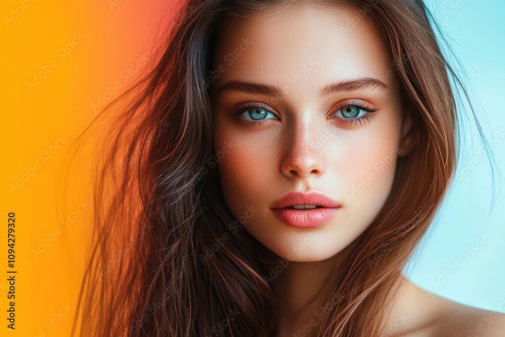 Close-up Portrait of a Woman with Blue Eyes and Long Brown Hair Against a Colorful Background - Feminine Beauty in Vivid Hues