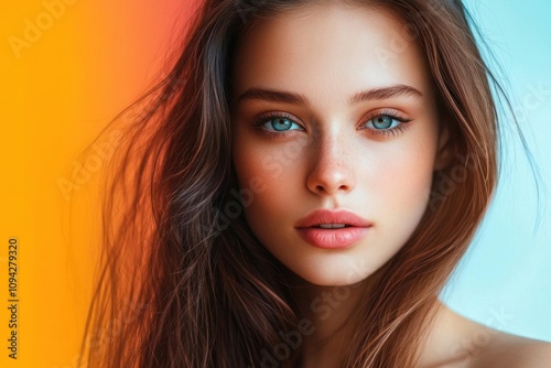 Close-up Portrait of a Woman with Blue Eyes and Long Brown Hair Against a Colorful Background - Feminine Beauty in Vivid Hues