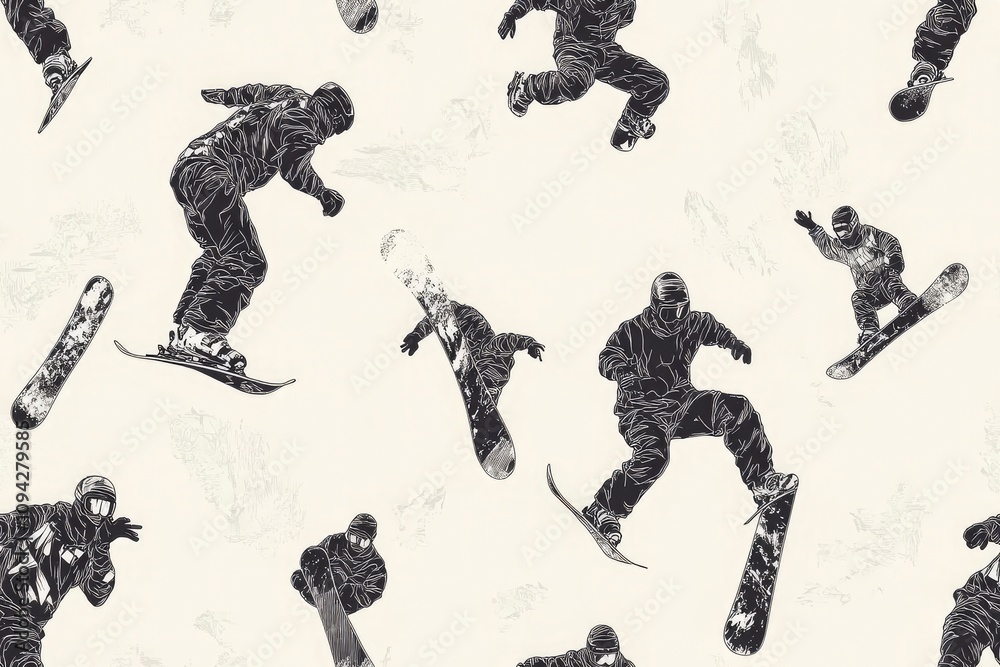 Fototapeta premium A dynamic pattern featuring snowboarders in various poses against a light background.
