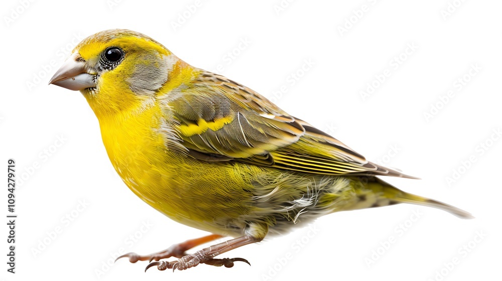 A small finch with vibrant yellow feathers, isolated on a white background. A small finch with vibrant yellow feathers, isolated on a white background.