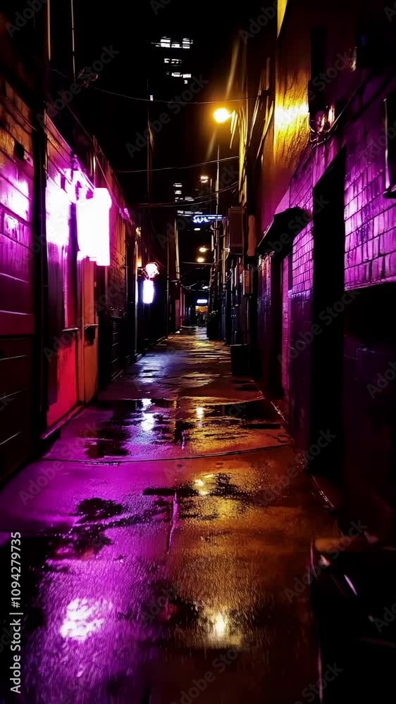 Neon-lit cyberpunk alleyway at night with wet pavement, vertical footage Neon-lit cyberpunk alleyway at night with wet pavement, vertical footage