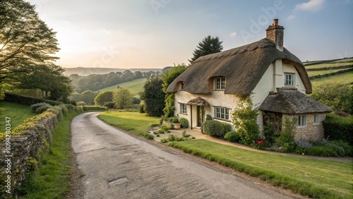 Cottage with a thatched roof and a long lane leading up to the door, rural retreat, tree branches, cottage, old house, thatched roof