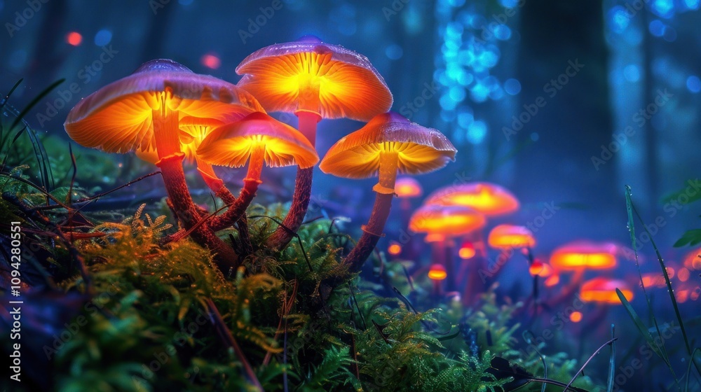 Fototapeta premium Glowing mushrooms in mystical forest.