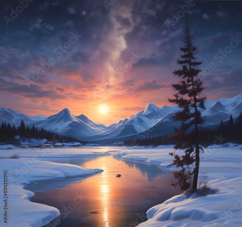 Illustration of winter landscape with frozen lake and starry sky.