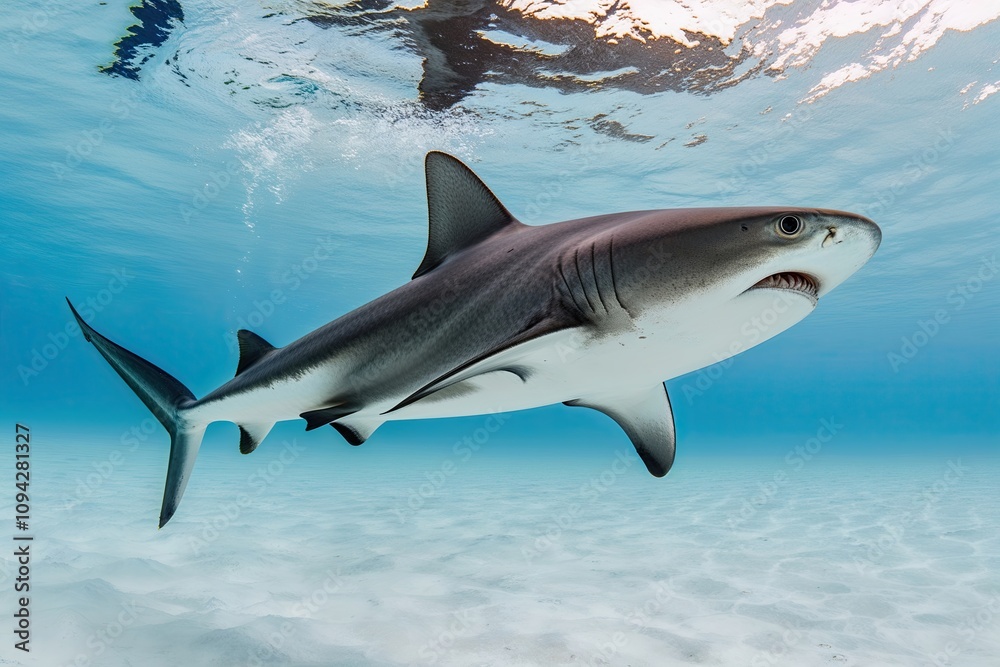 Naklejka premium Playful Hammerhead Shark Gliding Through a Bright White Ocean Space
