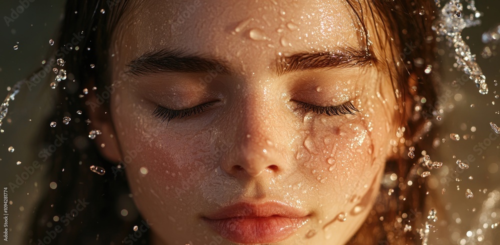 A beautiful woman's face is surrounded by water, with her eyes closed and skin glowing in the light blue background. A beautiful woman's face is surrounded by water, with her eyes closed and skin glowing in the light blue background.