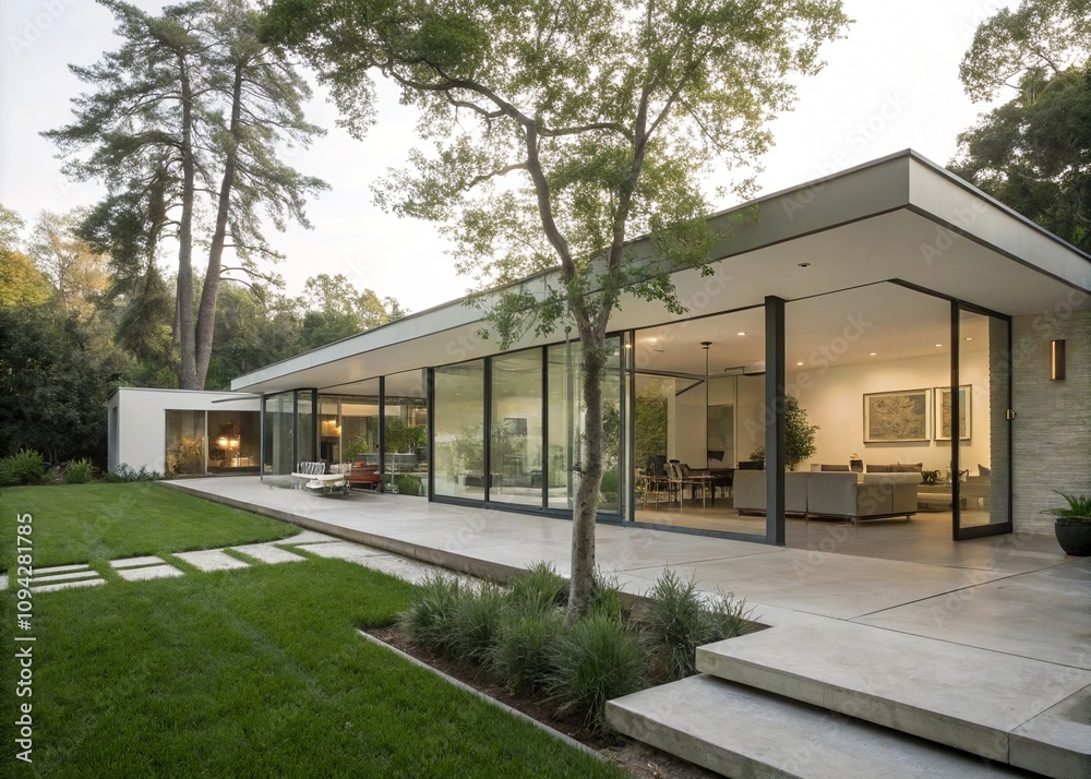 Modern Minimalist Home with Floor-to-Ceiling Glass Walls, Open Living Space, and Lush Green Yard
Modern Minimalist Home with Floor-to-Ceiling Glass Walls, Open Living Space, and Lush Green Yard