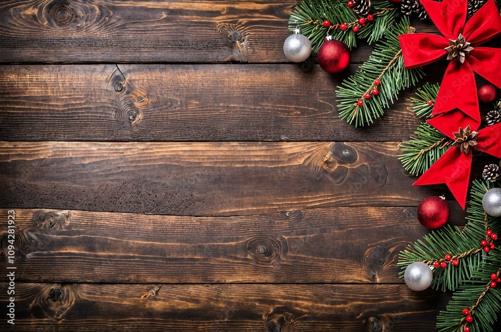 A wooden background with red and green decorations