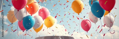 Confetti falls from the sky as balloons float gently above a table, celebratory ambiance, festive atmosphere, party decorations