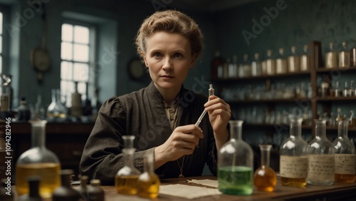Statue of Marie Curie: Curie holding a vial of radioactive material, standing in a laboratory, with rows of chemical apparatus and research notes in the background.