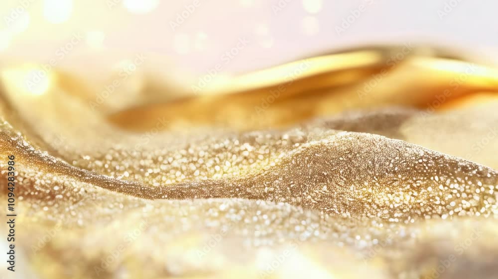 Luxurious golden glitter forming soft, wavy patterns with sparkling highlights, evoking opulence and a celebratory, festive feel.