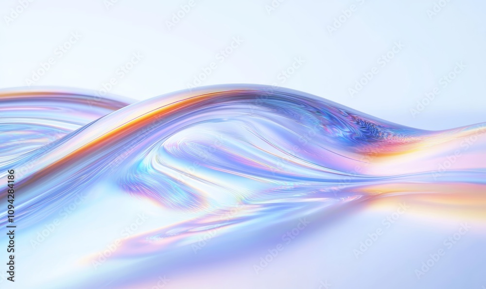 Abstract flowing curves with iridescent rainbow gradient in soft light blue background Abstract flowing curves with iridescent rainbow gradient in soft light blue background
