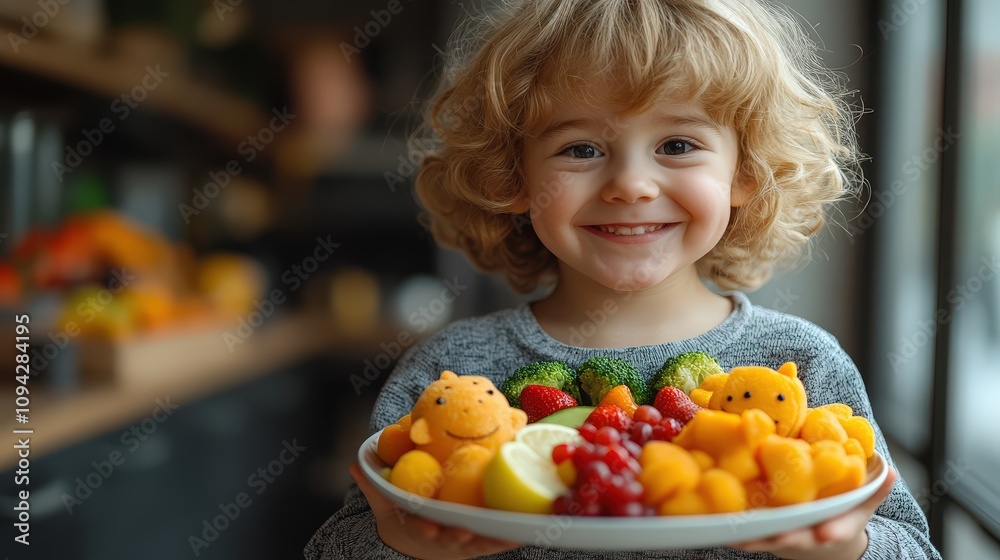 A joyful chubby boy presenting a plate of creatively arranged fruits and veggies shaped like animals, making healthy eating engaging and fun. A joyful chubby boy presenting a plate of creatively arranged fruits and veggies shaped like animals, making healthy eating engaging and fun.