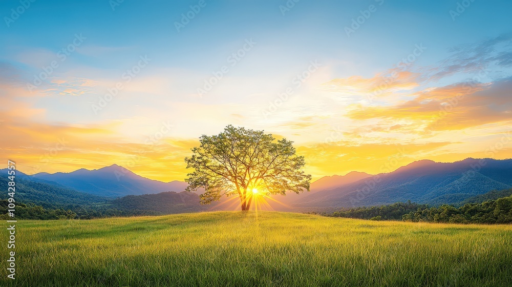A meadow at golden hour, glowing in the warm hues of a setting sun, with distant mountains on the horizon. A meadow at golden hour, glowing in the warm hues of a setting sun, with distant mountains on the horizon.