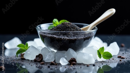 Elegant beluga caviar presentation with minimal garnishes, sleek glassware, and crushed ice for a sophisticated culinary display.