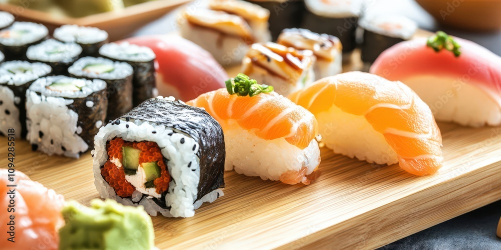 Delicious sushi platter featuring assorted nigiri and maki rolls, beautifully arranged on a wooden board.