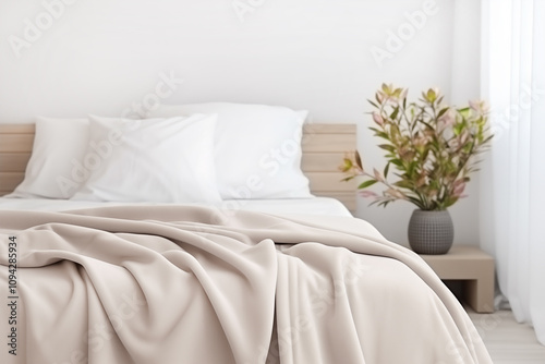 close up of beige smooth thick fabric throw blanket hanging on edge of snow white double bed with house plant in pot on bedside table photo