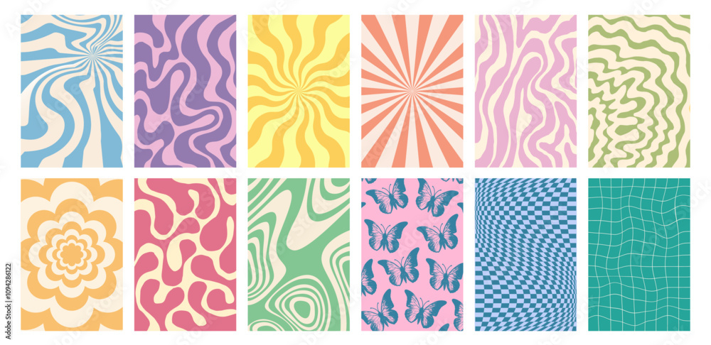 Groovy hippie 70s background set with swirl or twirl pattern, distorted wave, twisted texture, spiral checkerboard and brutalist geometric art in retro psychedelic y2k boho style. Groovy banner frame.