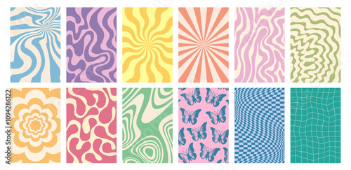 Groovy hippie 70s background set with swirl or twirl pattern, distorted wave, twisted texture, spiral checkerboard and brutalist geometric art in retro psychedelic y2k boho style. Groovy banner frame.